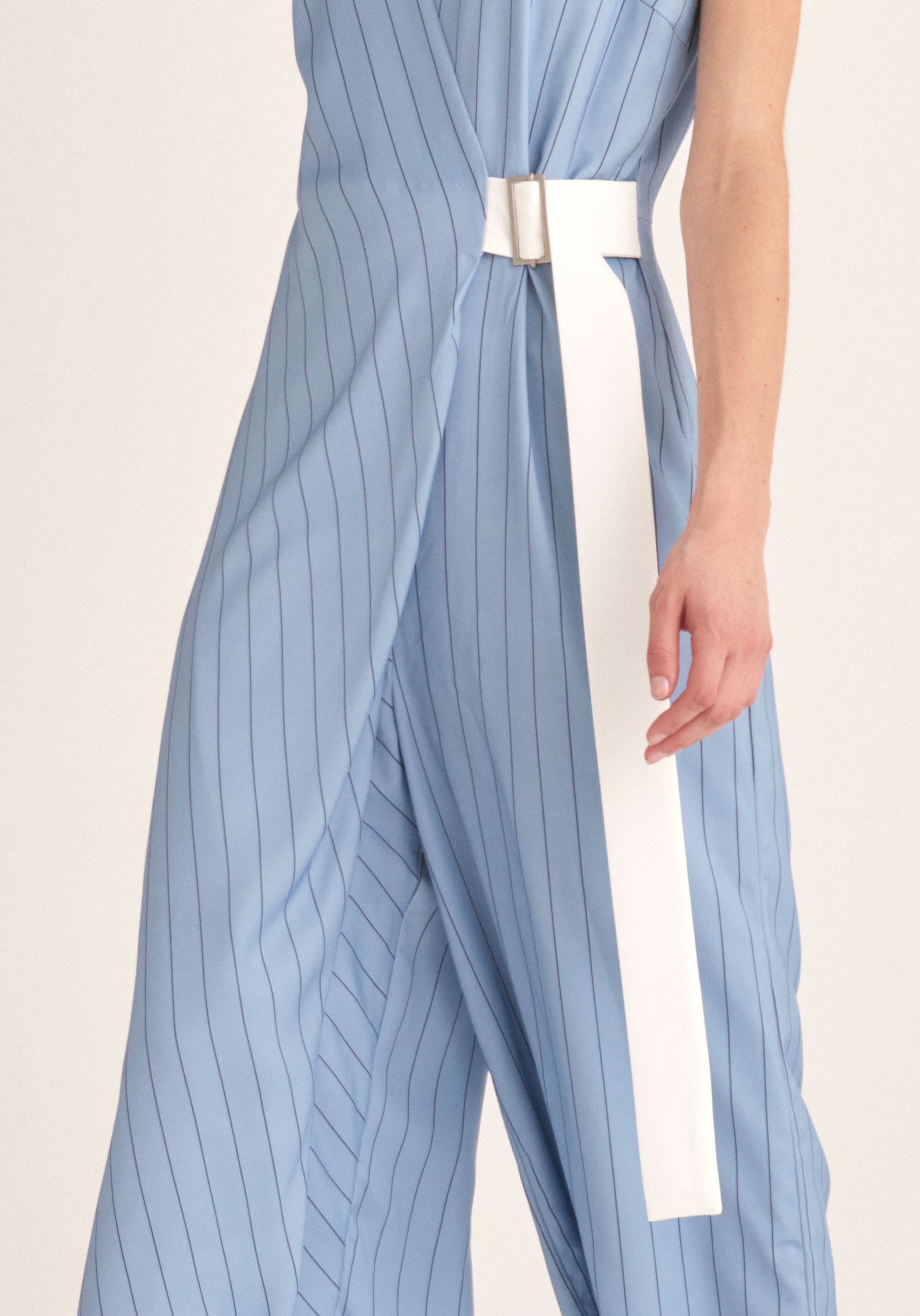 Paisie Pin Stripe Wrap Jumpsuit with Belt in Blue Close Up