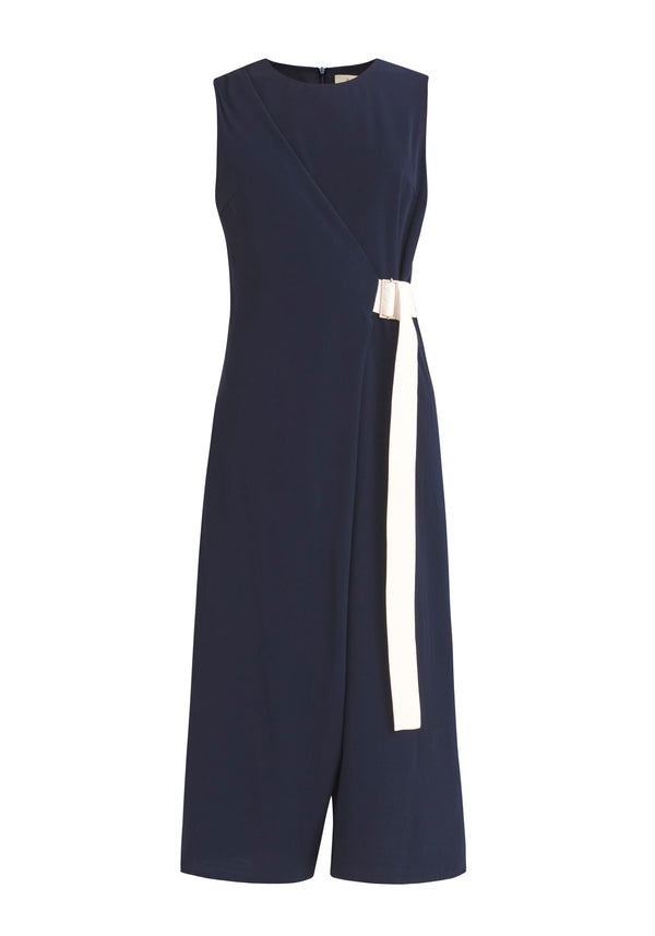 Paisie Wrap Jumpsuit with Belt in Navy and White Cut Out