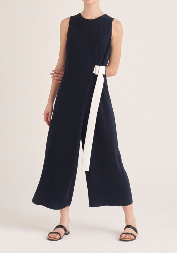 Paisie Wrap Jumpsuit with Belt in Navy and White