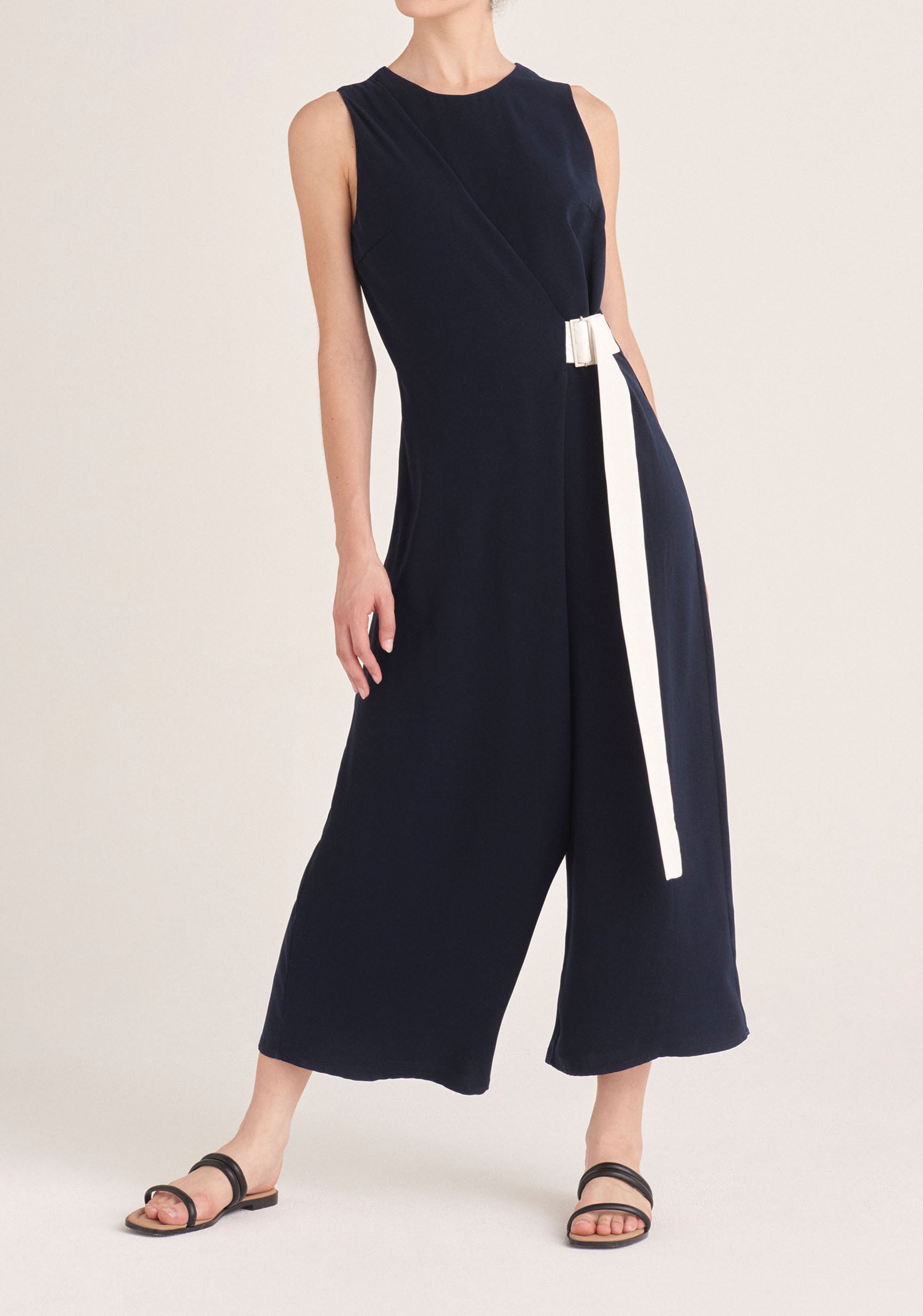Paisie Wrap Jumpsuit with Belt in Navy and White