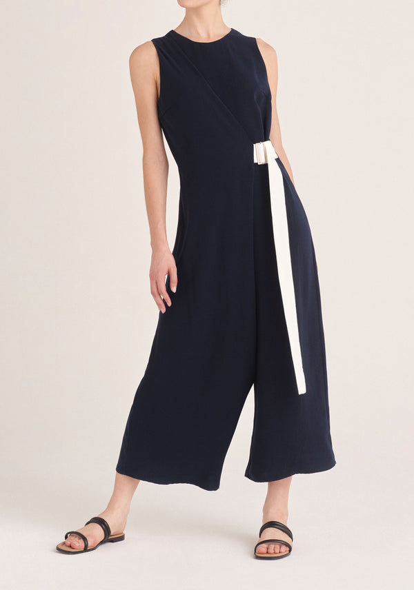 Paisie Wrap Jumpsuit with Belt in Navy and White