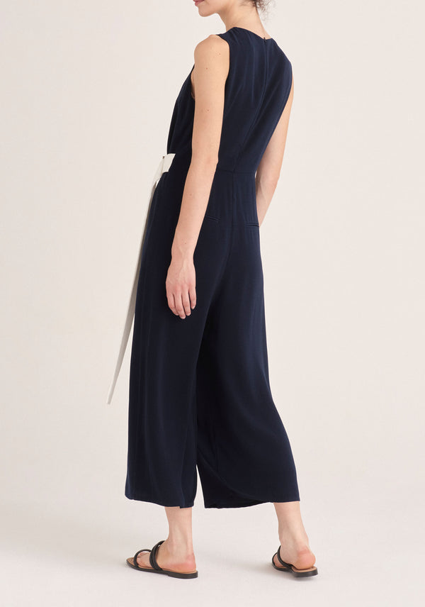 Paisie Wrap Jumpsuit with Belt in Navy and White Back