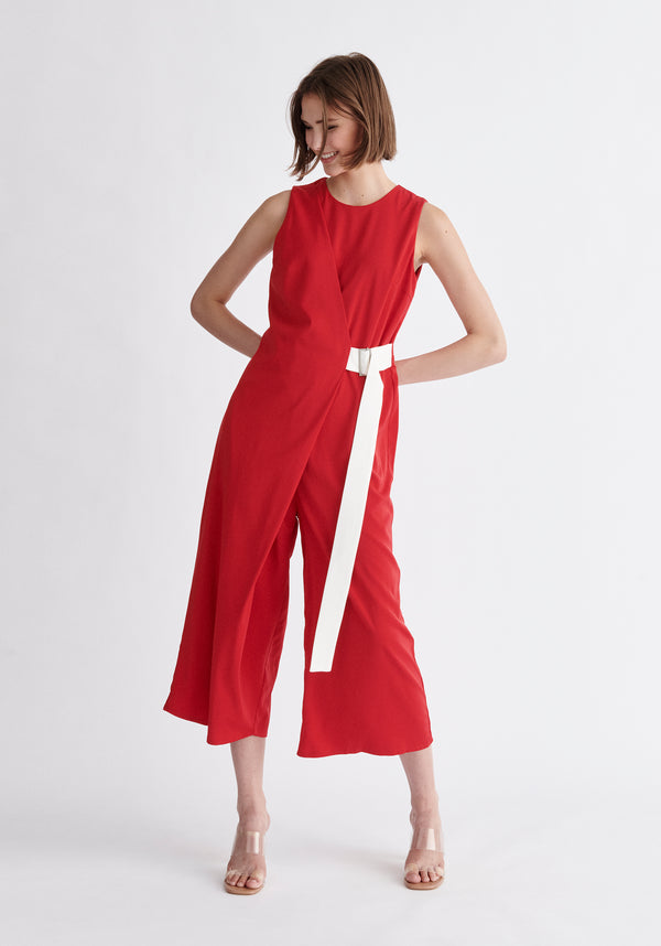 Paisie Wrap Jumpsuit with Belt in Red and White
