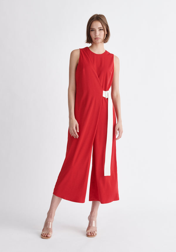 Paisie Wrap Jumpsuit with Belt in Red and White