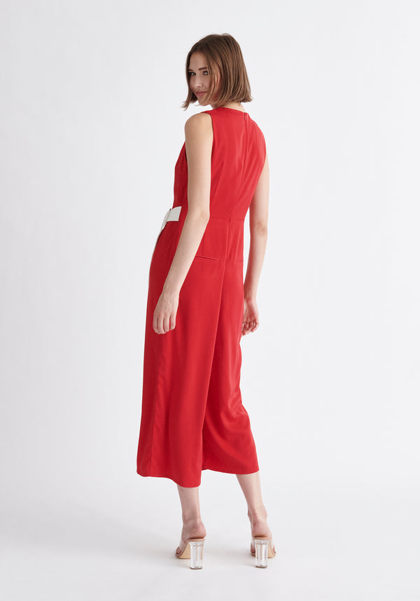 Paisie Wrap Jumpsuit with Belt in Red and White Back
