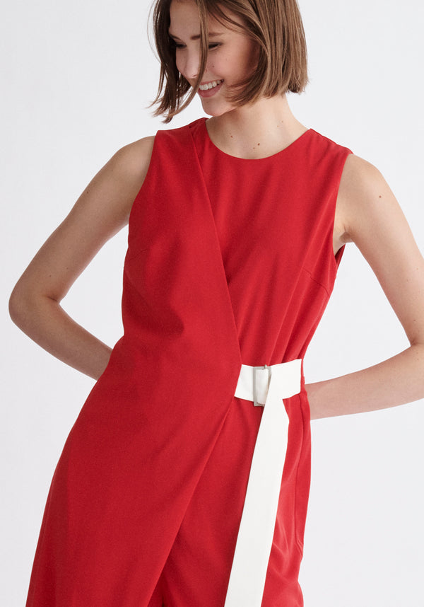 Paisie Wrap Jumpsuit with Belt in Red and White Close Up