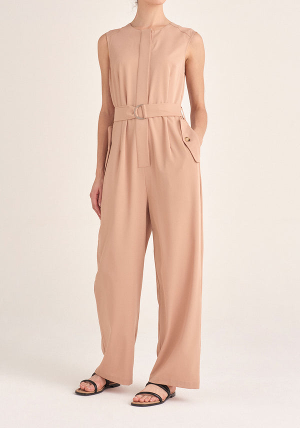 Paisie Sleeveless Utility Jumpsuit with Self Belt in Tan