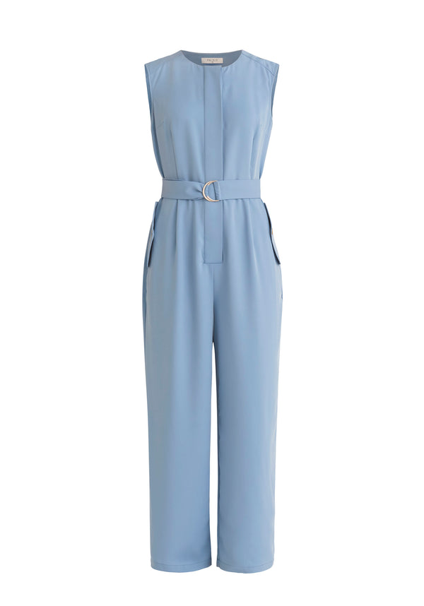 Paisie Sleeveless Utility Jumpsuit with Self Belt in Light Blue Cut Out