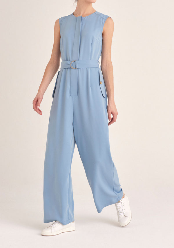 Paisie Sleeveless Utility Jumpsuit with Self Belt in Light Blue
