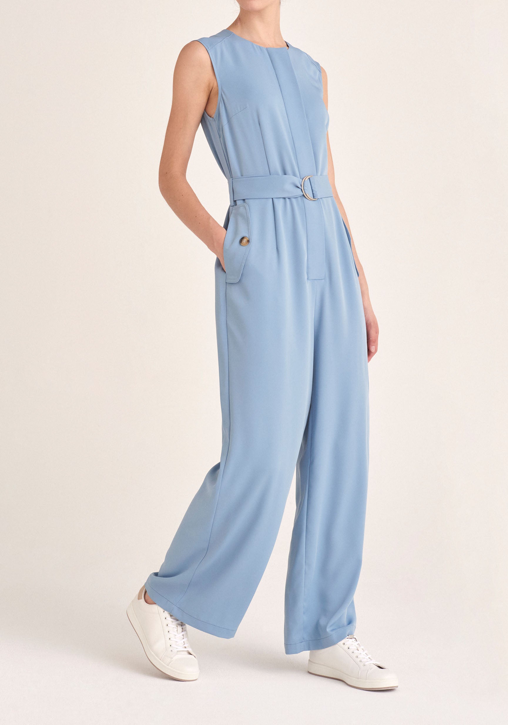 Paisie Sleeveless Utility Jumpsuit with Self Belt in Light Blue