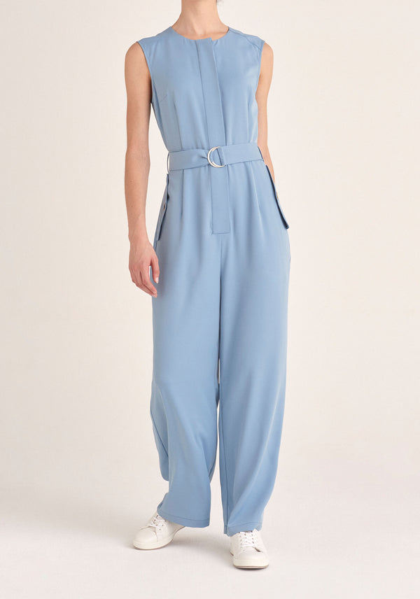 Paisie Sleeveless Utility Jumpsuit with Self Belt in Light Blue