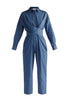 Paisie Waist Tie Denim Jumpsuit in Light Blue Cut Out