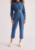 Paisie Waist Tie Denim Jumpsuit in Light Blue