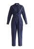 Paisie Waist Tie Denim Jumpsuit in Dark Blue Cut Out