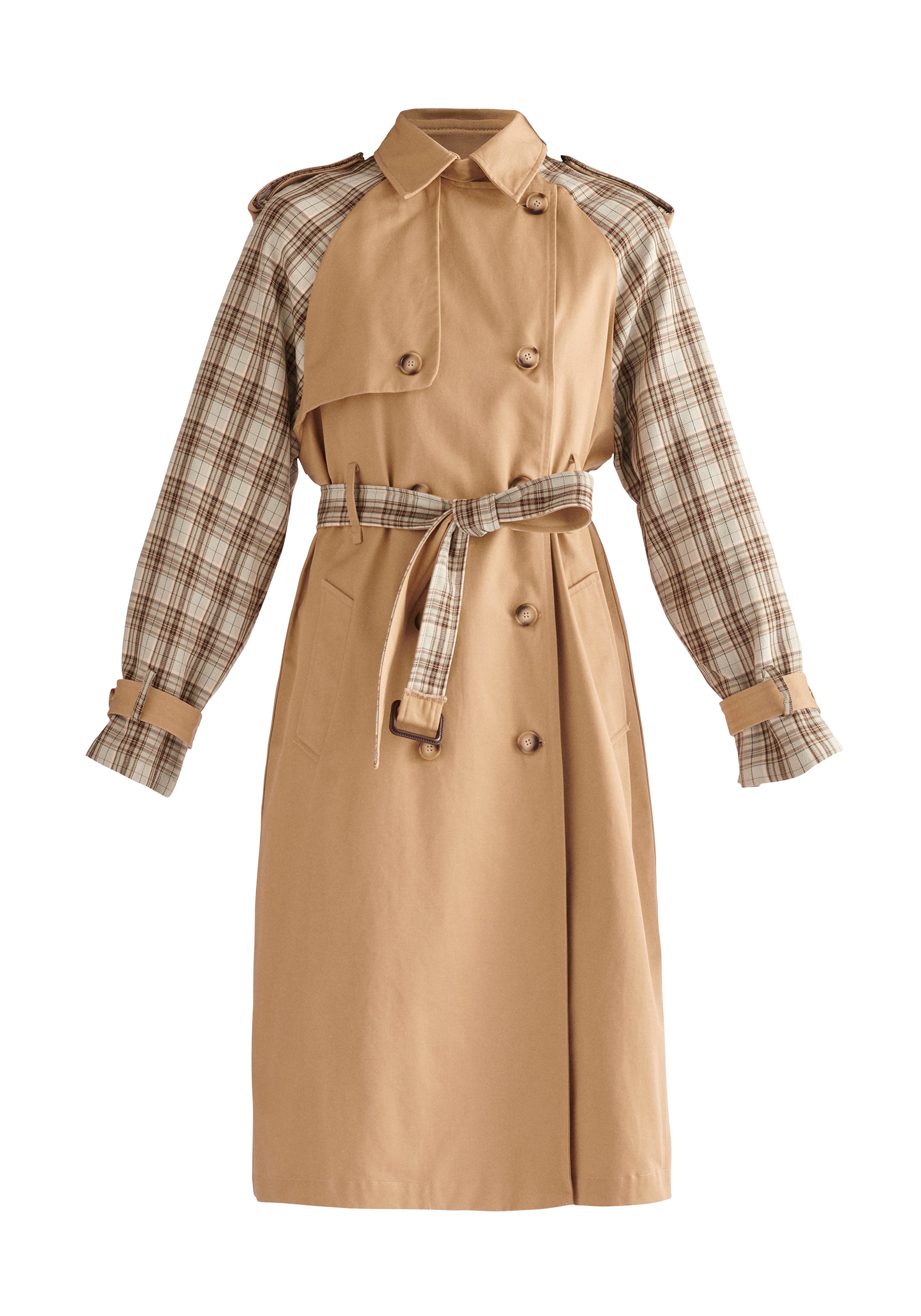 Paisie Plaid Trench Coat in Tan Cut Out