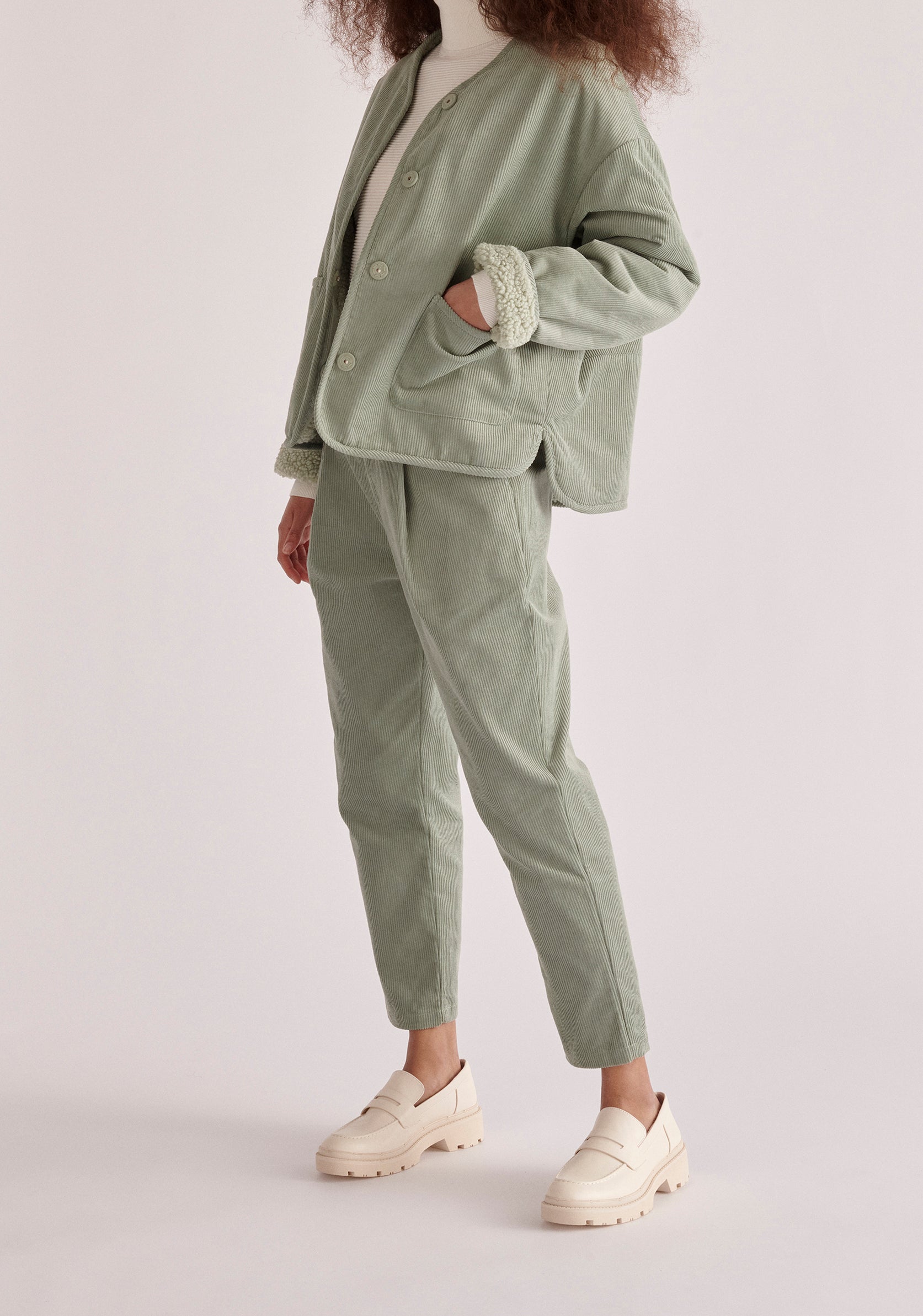 Paisie Reversible Corduroy and Fleece Jacket in Mint Green