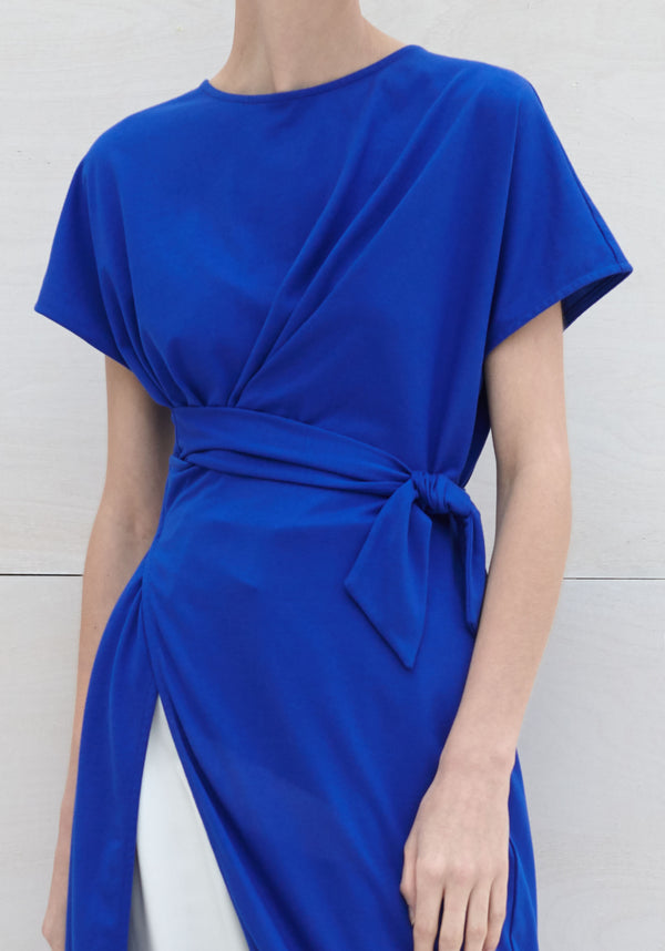 Paisie Long Front Tie Tunic Top in Blue Close Up