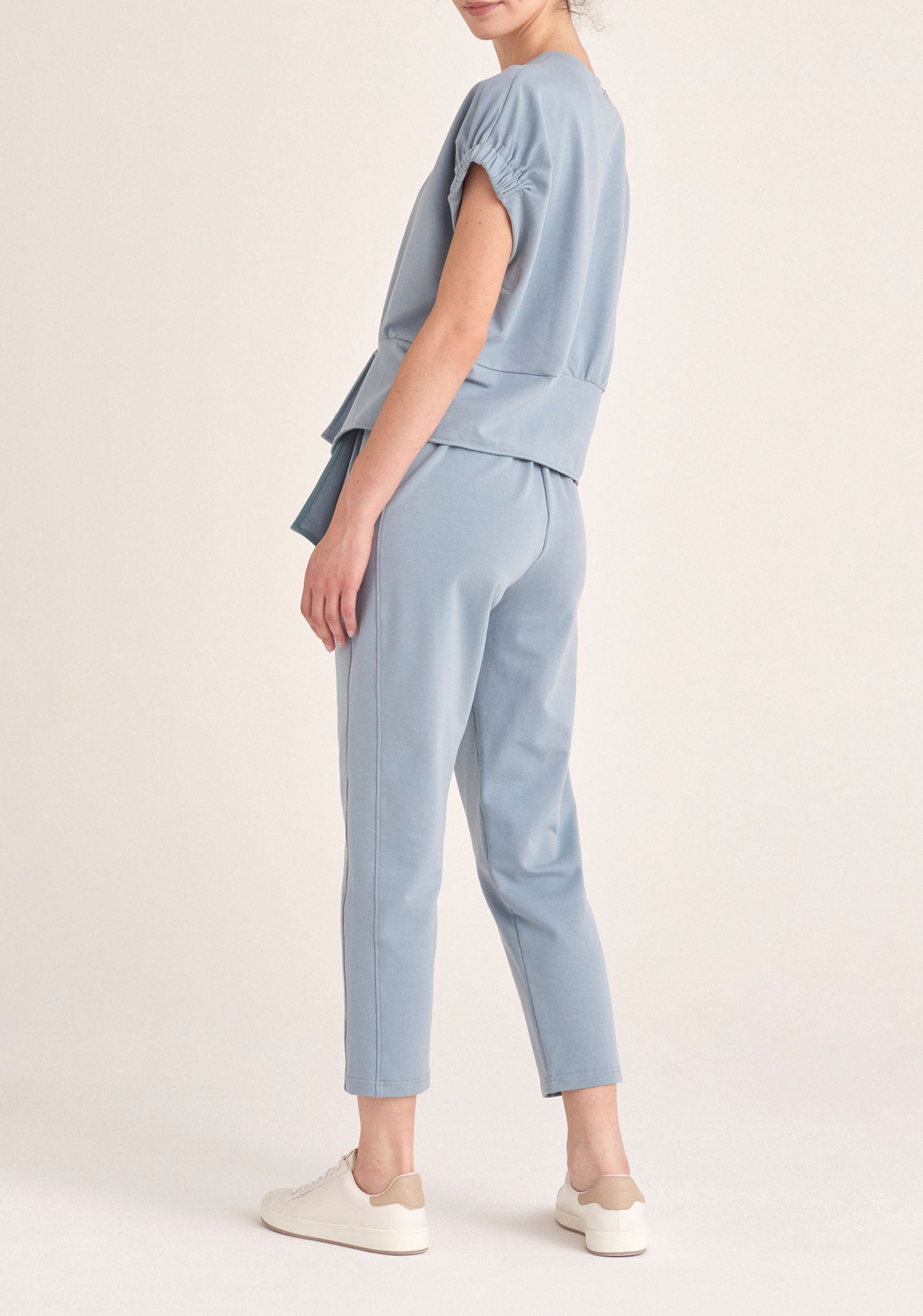 Paisie Short Sleeve Sweatshirt with Waist Detail in Light Blue Back