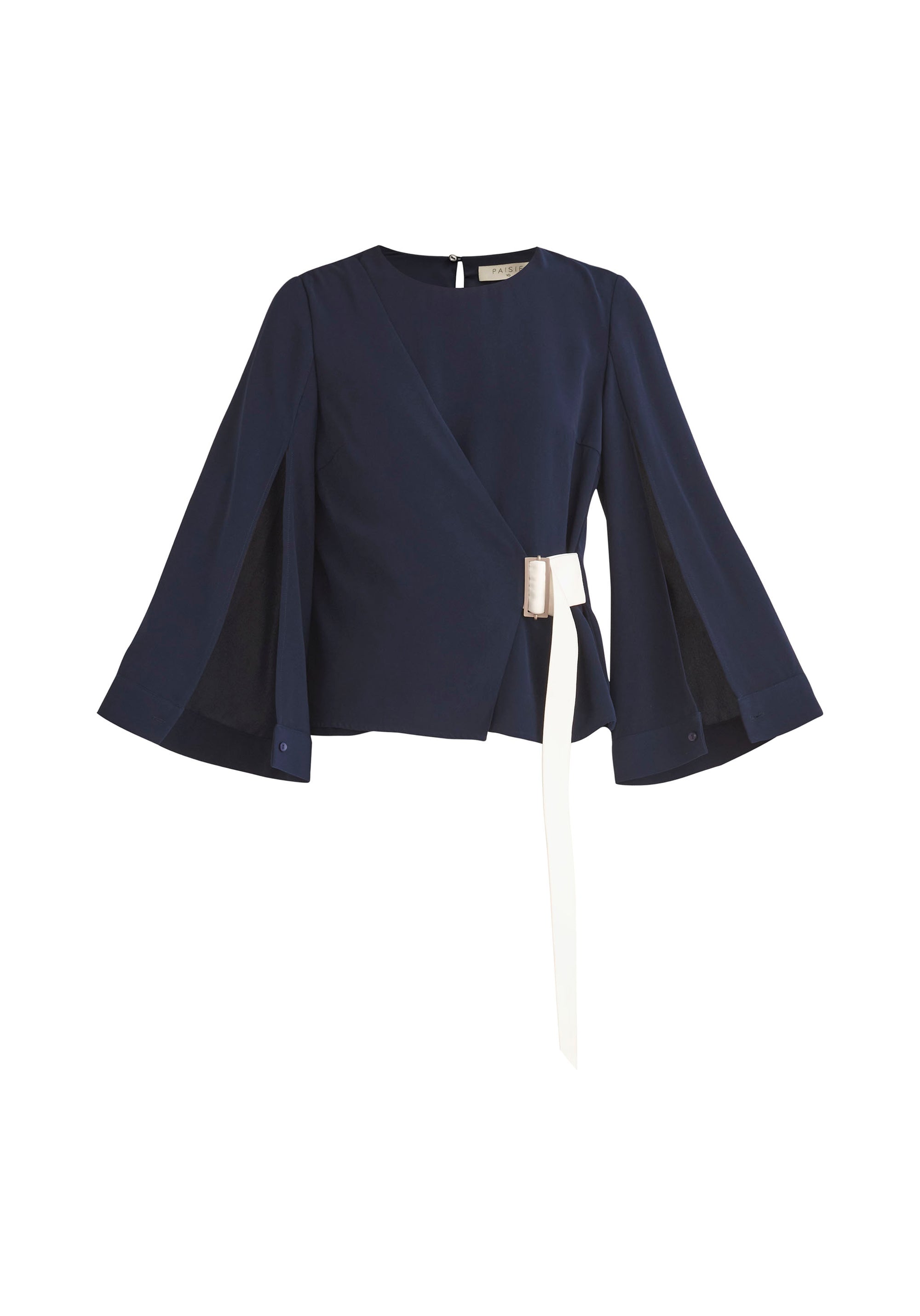 Paisie Wrap Top with Cape Sleeves in Navy and White Cut Out