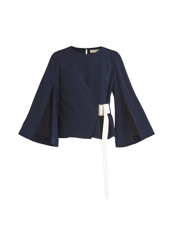 Paisie Wrap Top with Cape Sleeves in Navy and White Cut Out