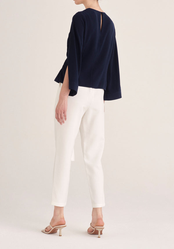 Paisie Wrap Top with Cape Sleeves in Navy and White Back