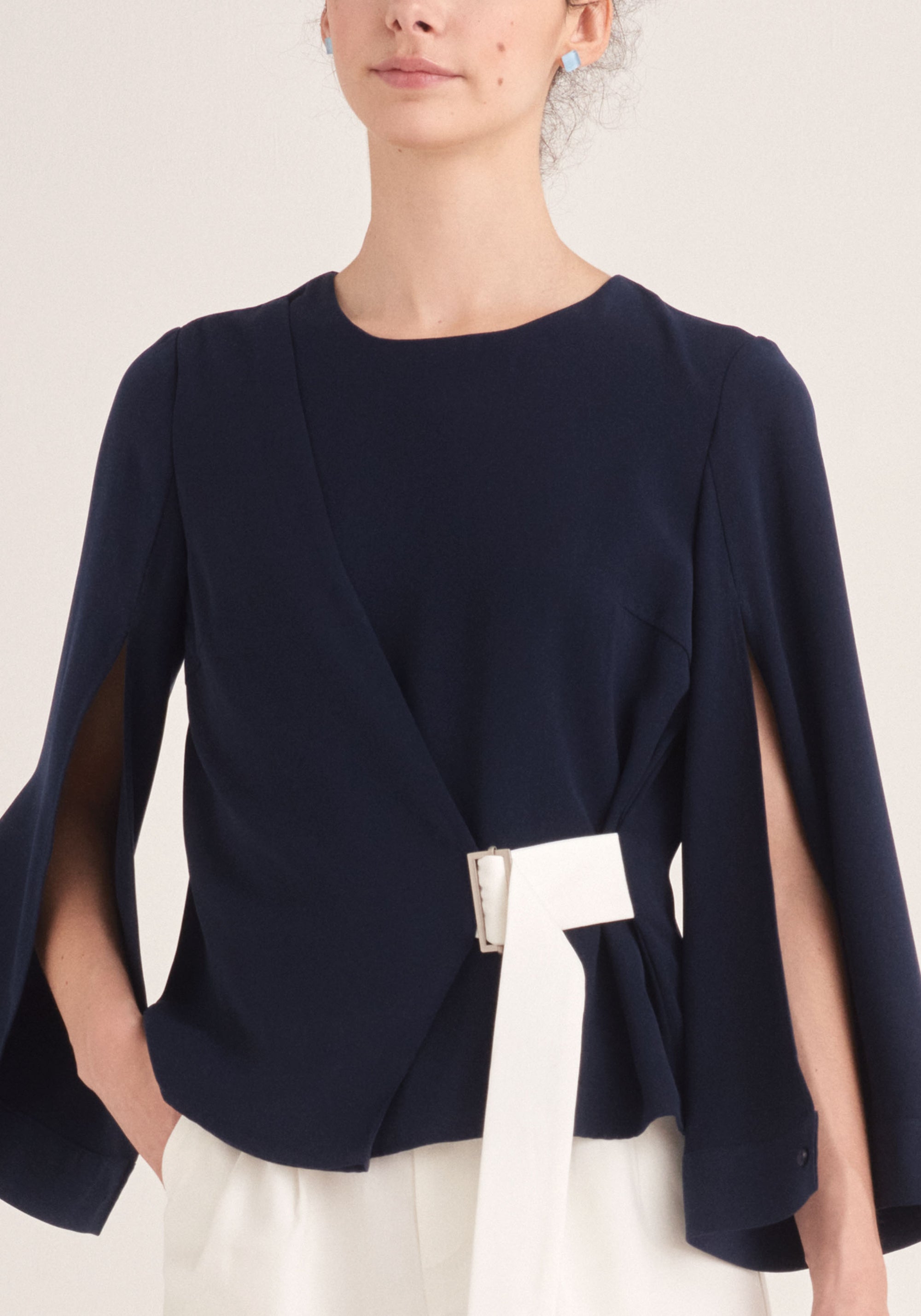 Paisie Wrap Top with Cape Sleeves in Navy and White Close Up