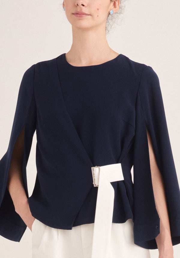 Paisie Wrap Top with Cape Sleeves in Navy and White Close Up