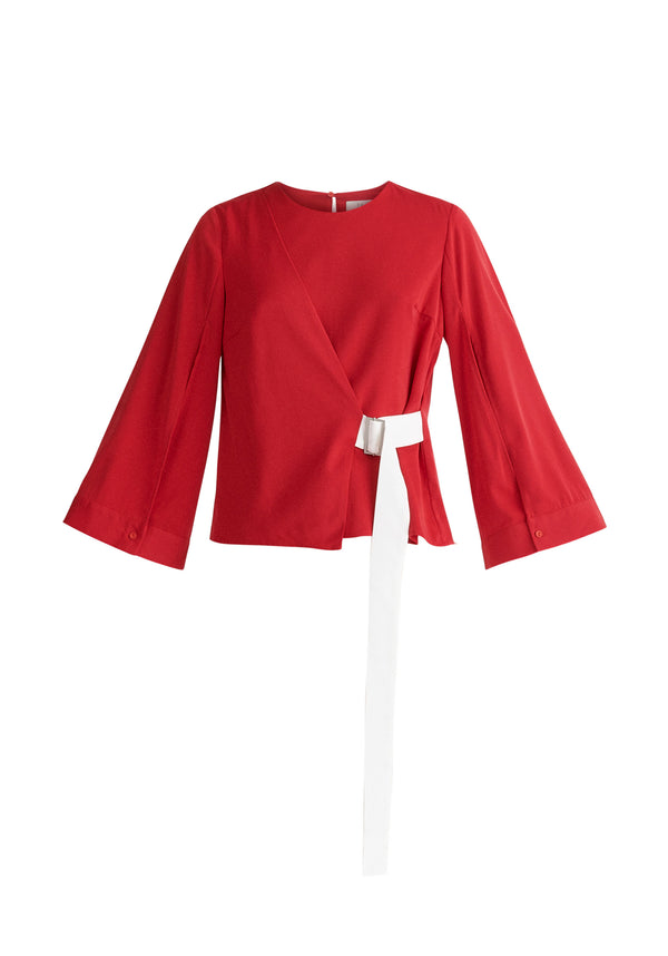 Paisie Wrap Top with Cape Sleeves in Red and White Cut Out