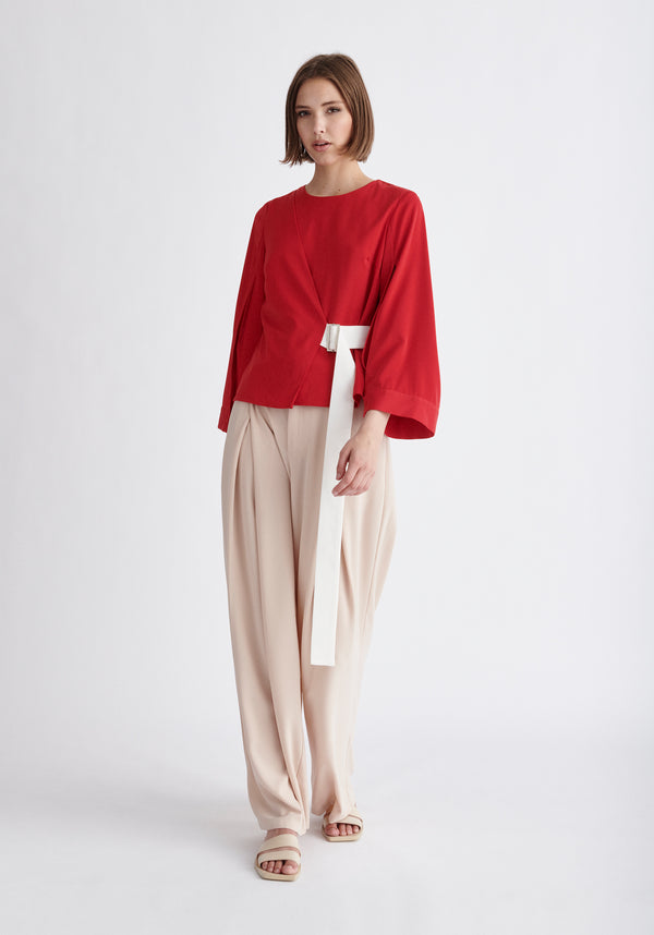 Paisie Wrap Top with Cape Sleeves in Red and White
