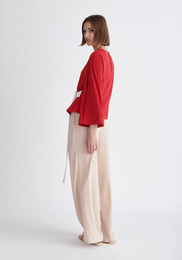 Paisie Wrap Top with Cape Sleeves in Red and White Back