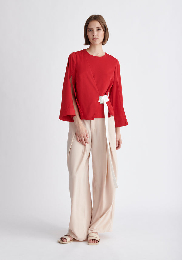 Paisie Wrap Top with Cape Sleeves in Red and White