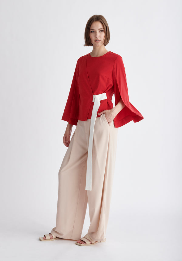Paisie Wrap Top with Cape Sleeves in Red and White
