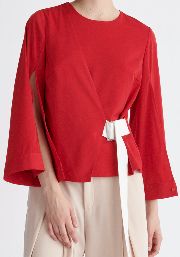 Paisie Wrap Top with Cape Sleeves in Red and White Close Up