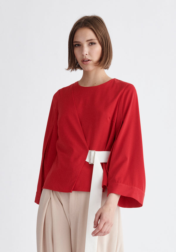 Paisie Wrap Top with Cape Sleeves in Red and White