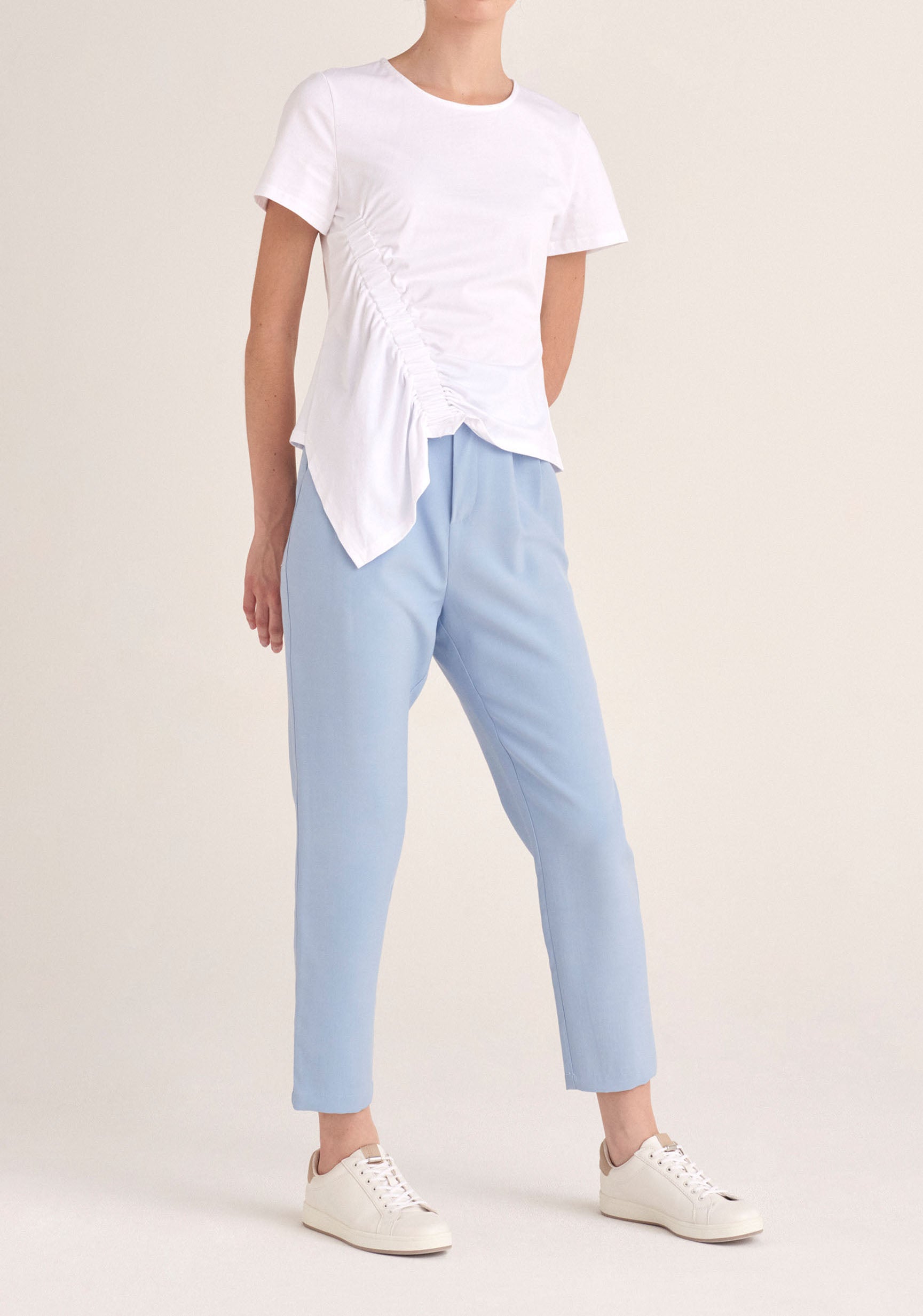 Paisie Ruched Short Sleeve Cotton Top in White