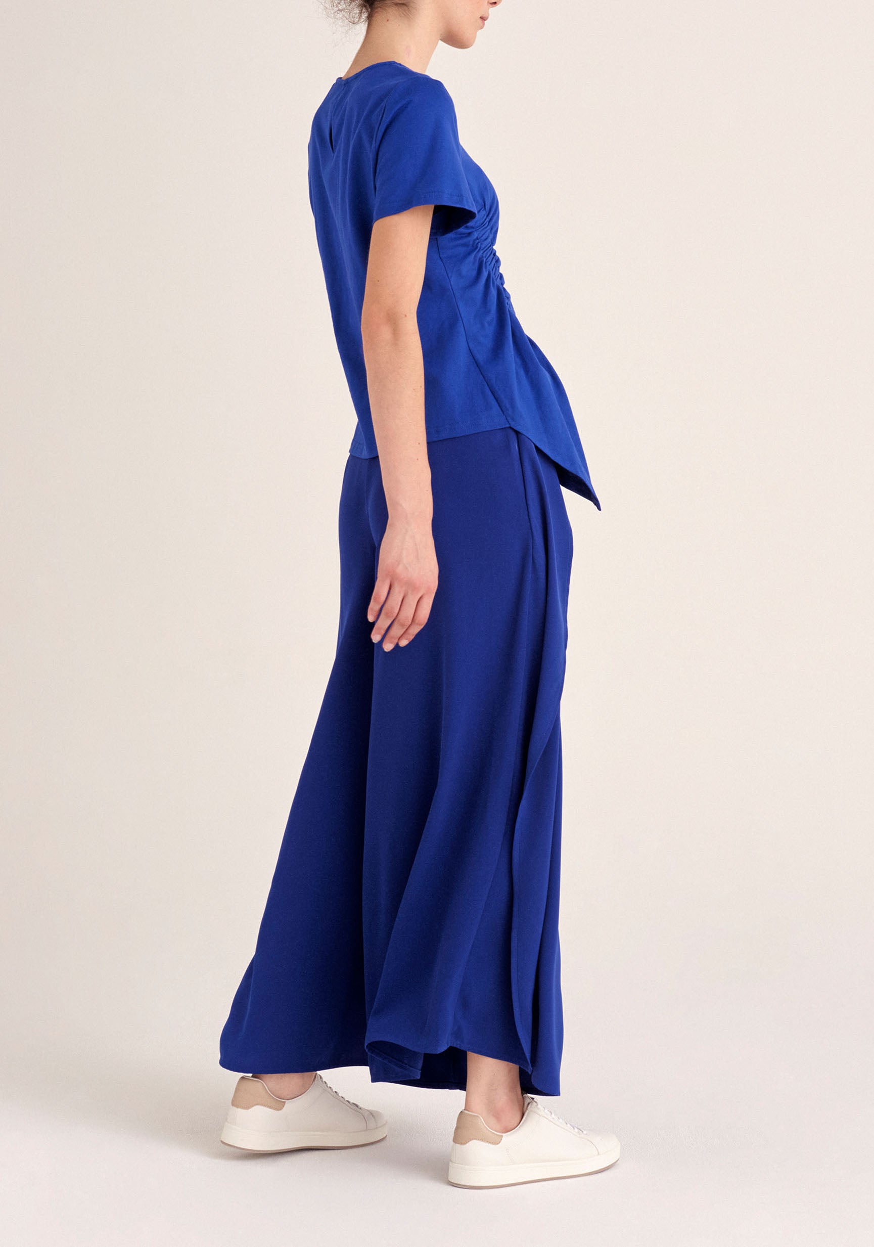 Paisie Ruched Short Sleeve Cotton Top in Royal Blue Back