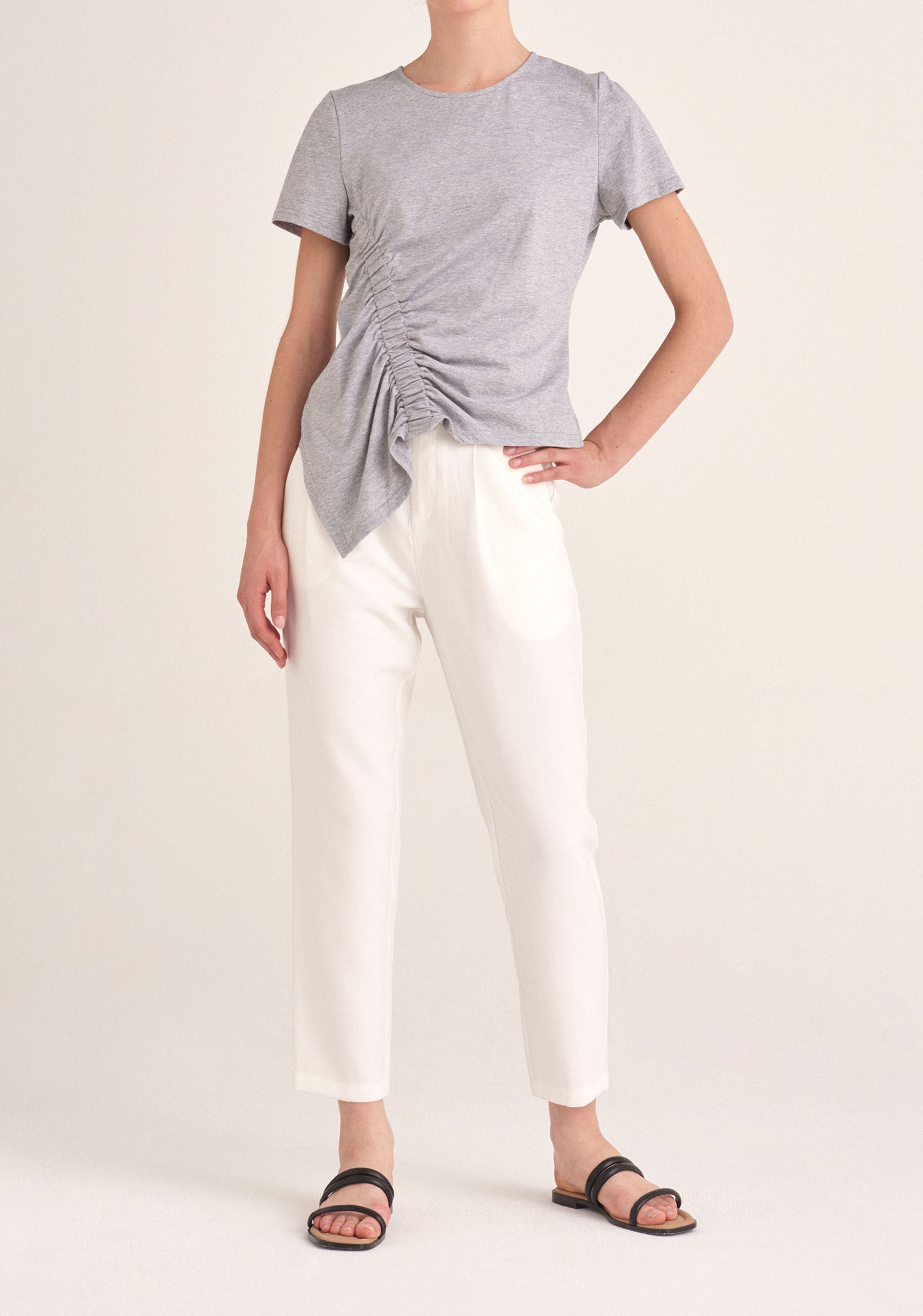 Paisie Ruched Short Sleeve Cotton Top in Light Grey