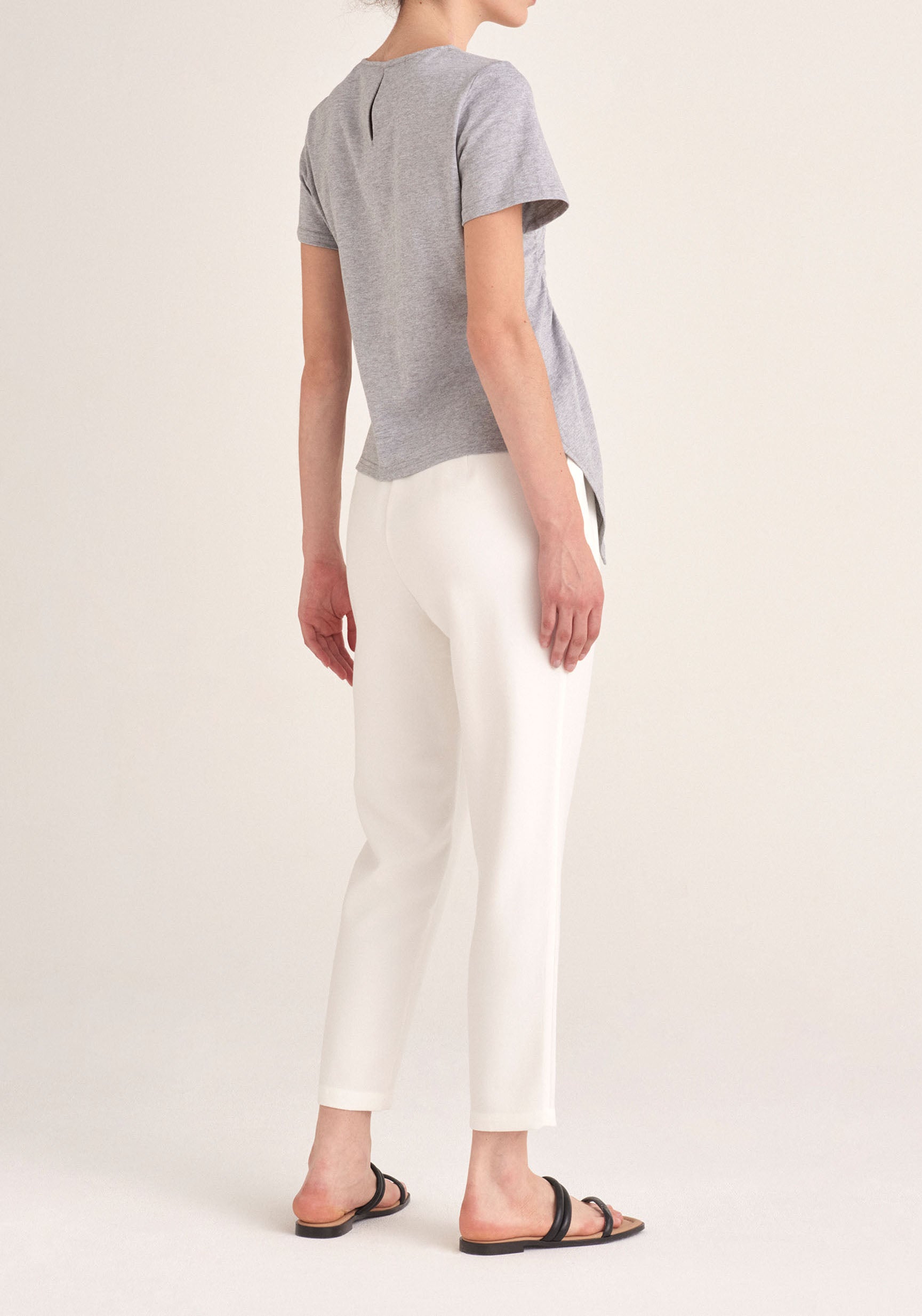 Paisie Ruched Short Sleeve Cotton Top in Light Grey Back