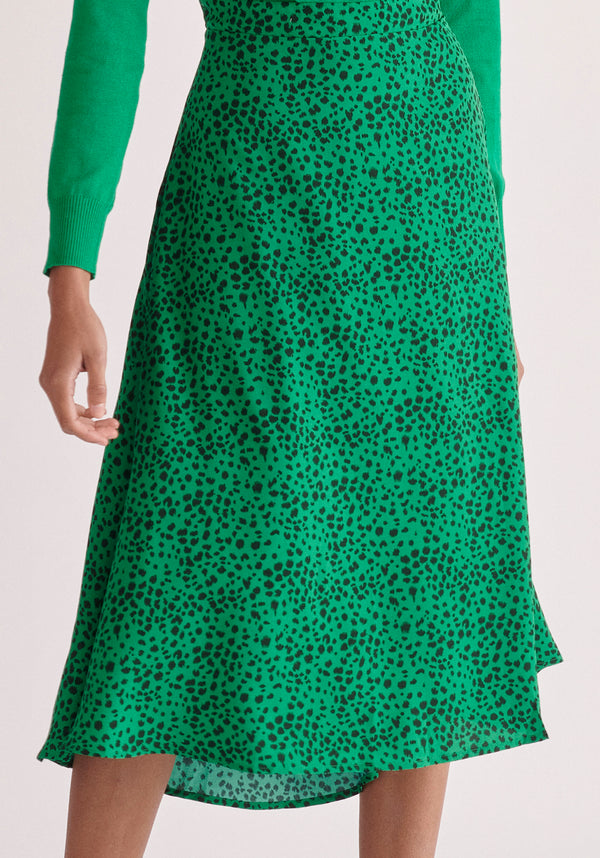 Paisie Dalmatian Print Midi Skirt in Green Close Up