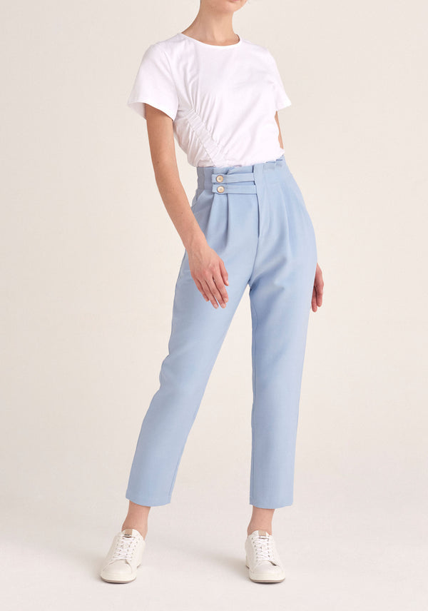 Paisie Cropped Paperbag Waist Trousers in Light Blue