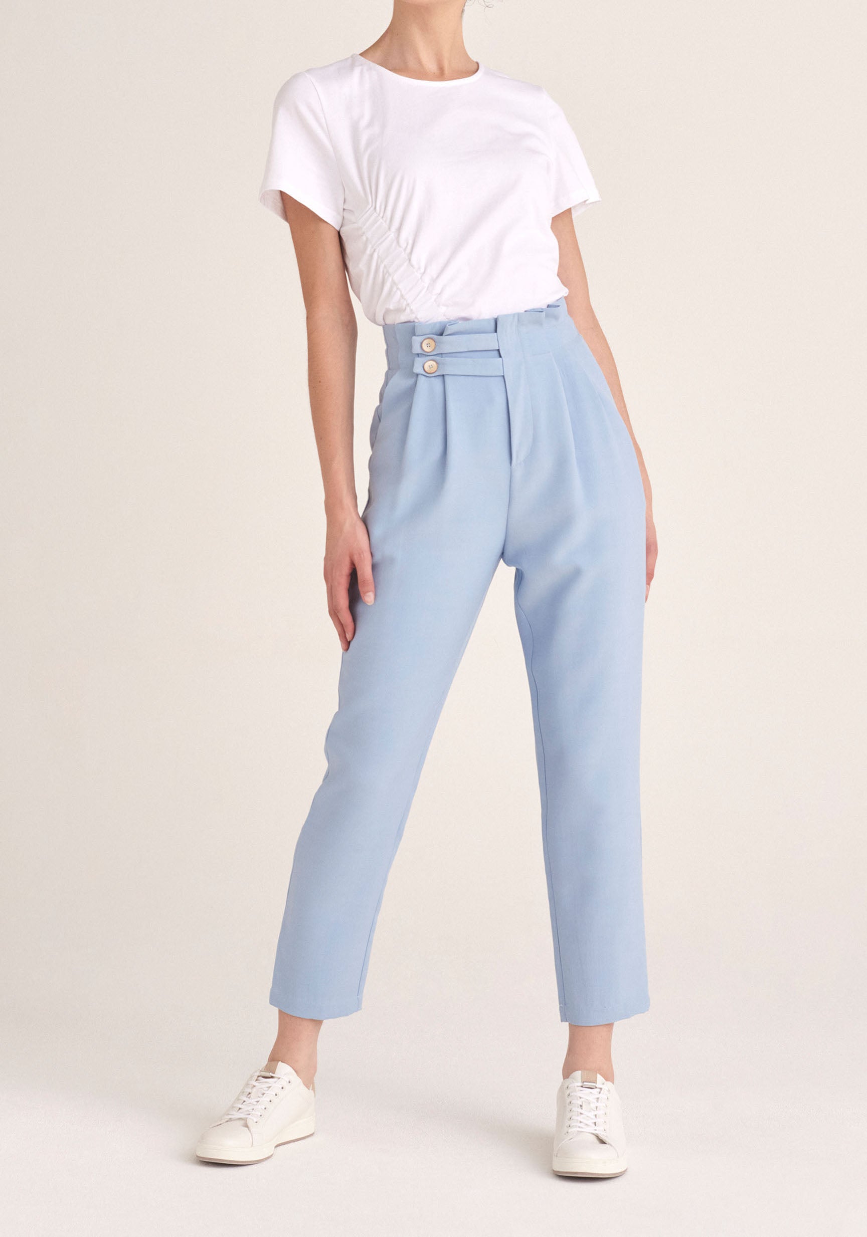 Paisie Cropped Paperbag Waist Trousers in Light Blue