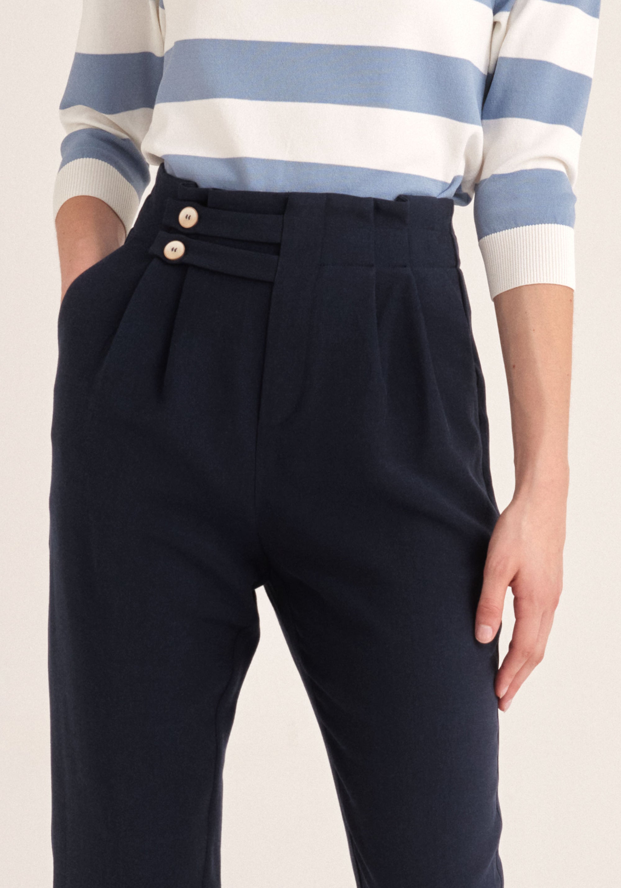 Paisie Cropped Paperbag Waist Trousers in Navy Close Up