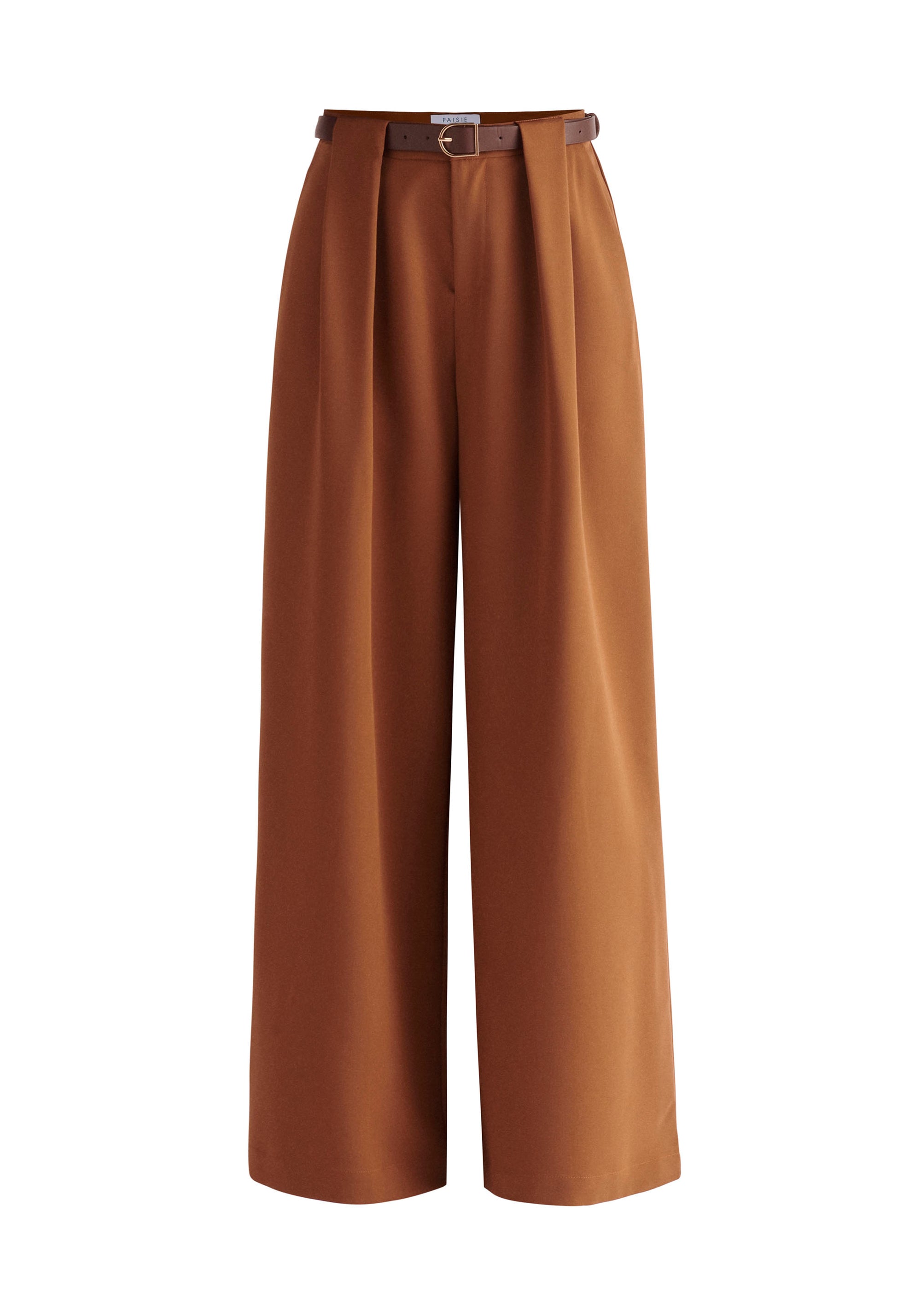 Paisie Belted Pleated Wide Leg Trousers in Brown Cut Out