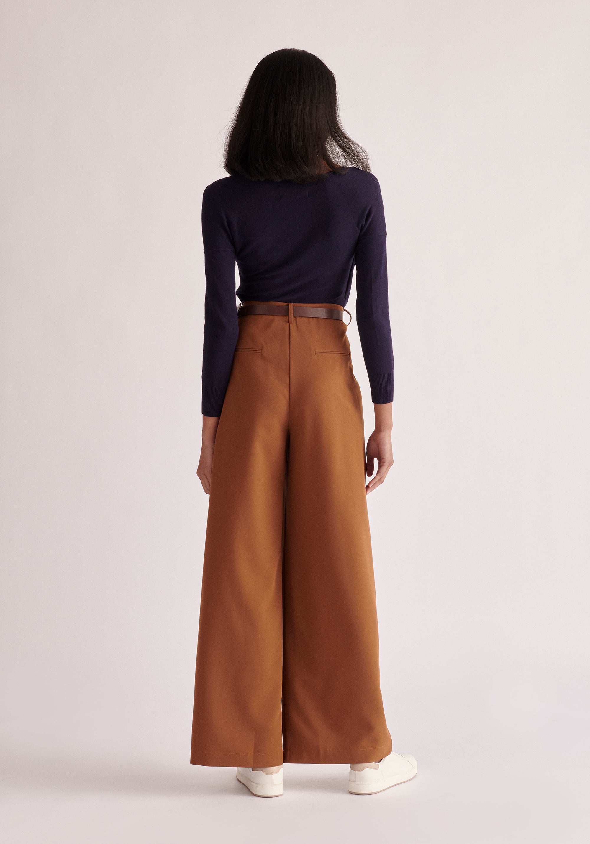Paisie Belted Pleated Wide Leg Trousers in Brown Back
