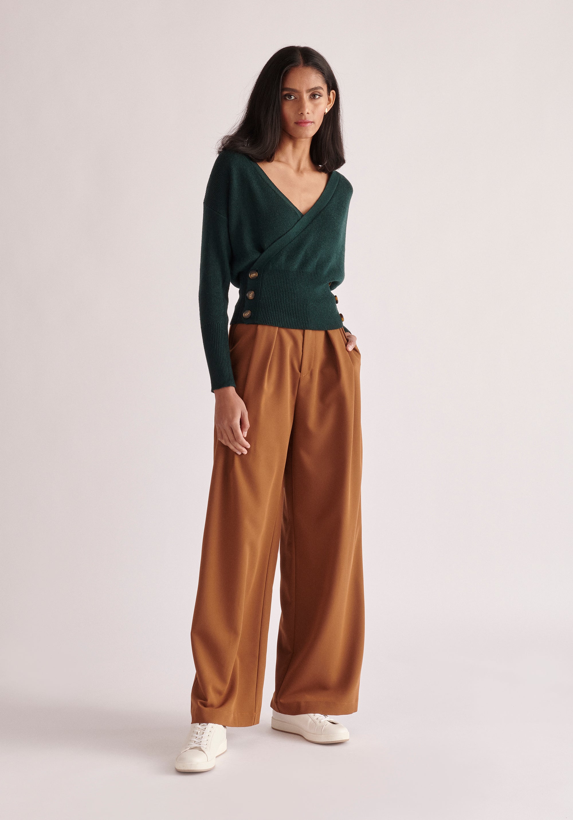 Paisie Belted Pleated Wide Leg Trousers in Brown