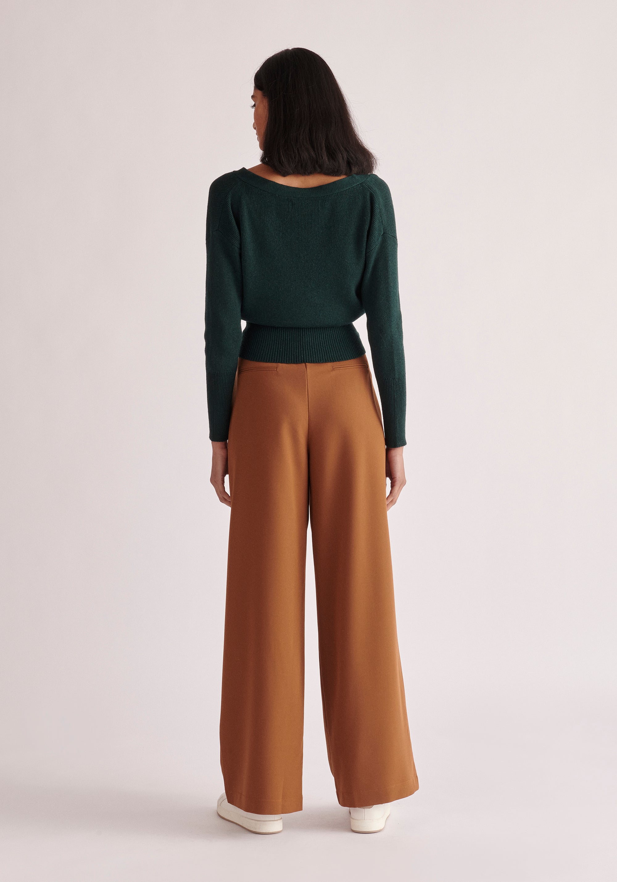 Paisie Belted Pleated Wide Leg Trousers in Brown Back