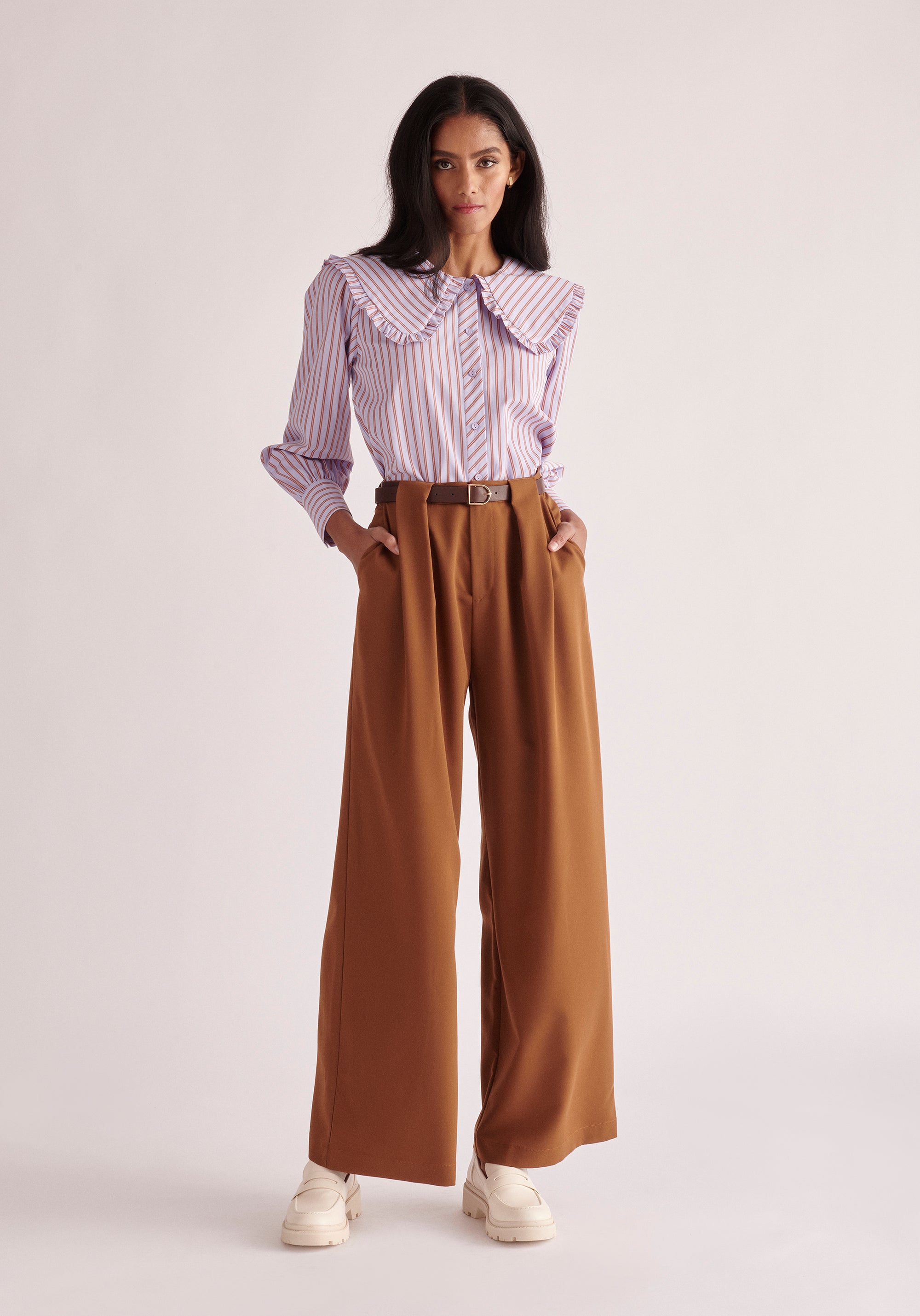 Paisie Belted Pleated Wide Leg Trousers in Brown