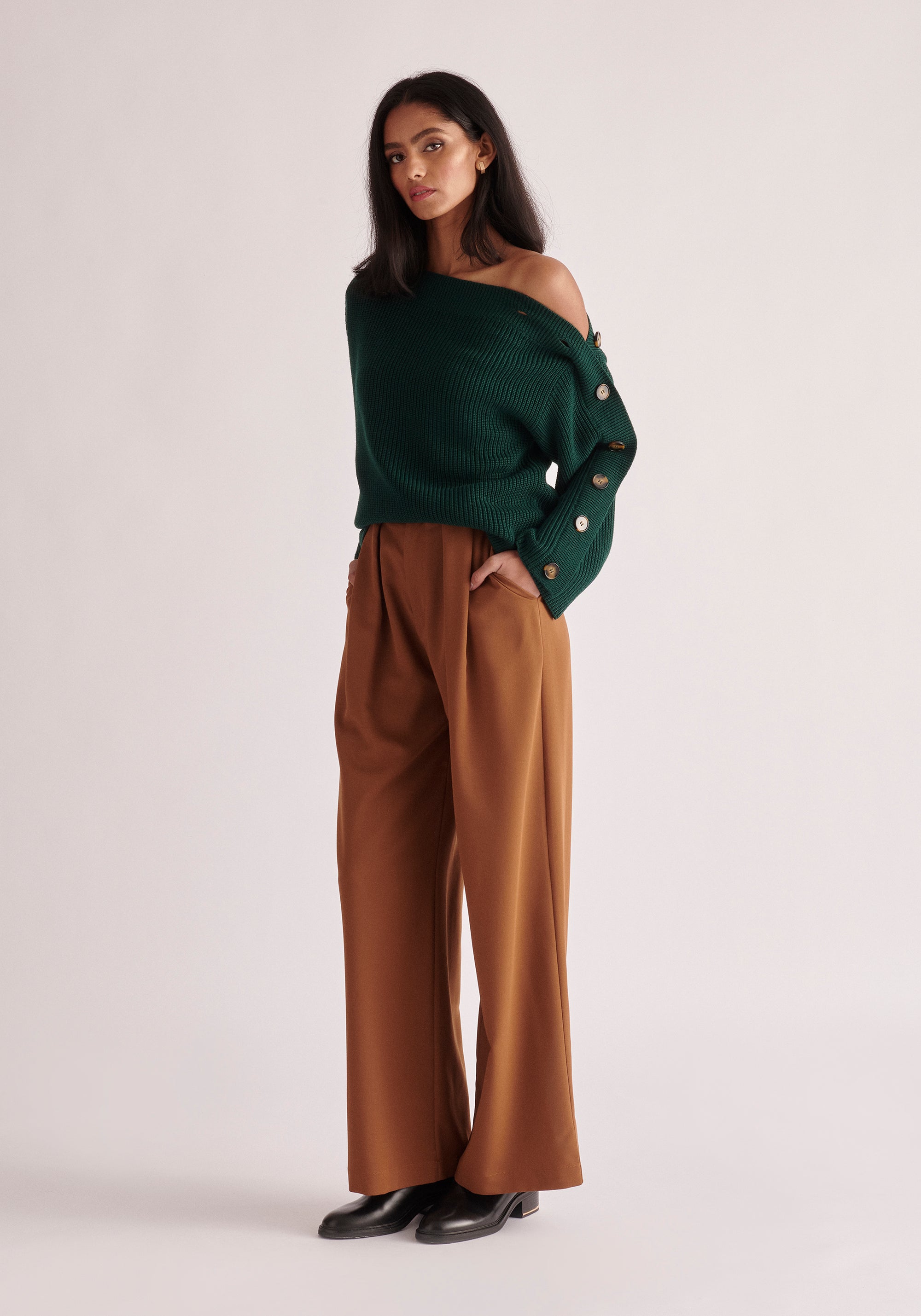 Paisie Belted Pleated Wide Leg Trousers in Brown