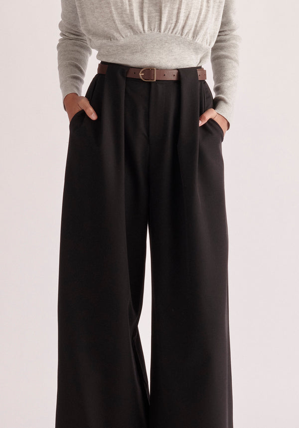 Paisie Belted Pleated Wide Leg Trousers in Black Close Up