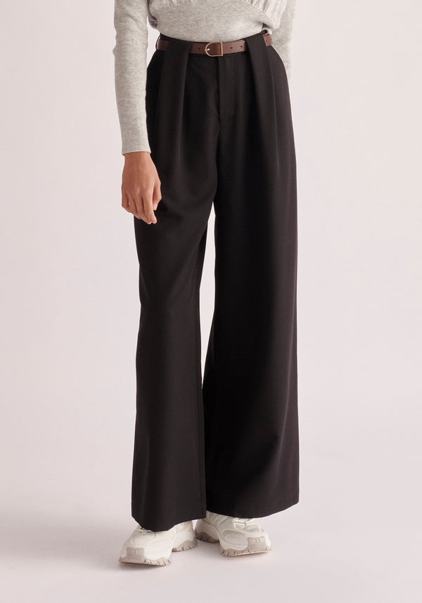 Paisie Belted Pleated Wide Leg Trousers in Black
